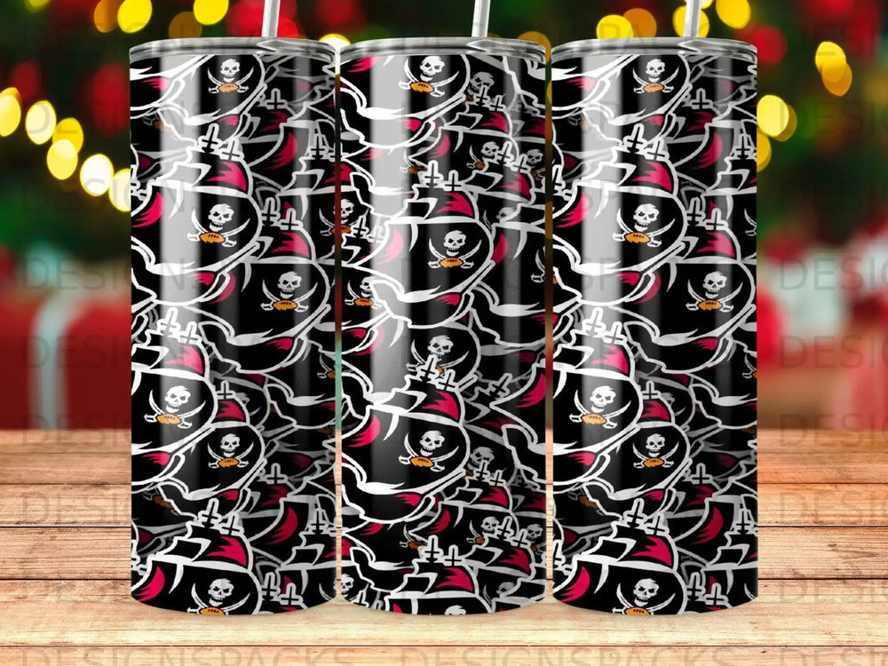 Tumbler with repeated pirate skull and crossbones pattern.