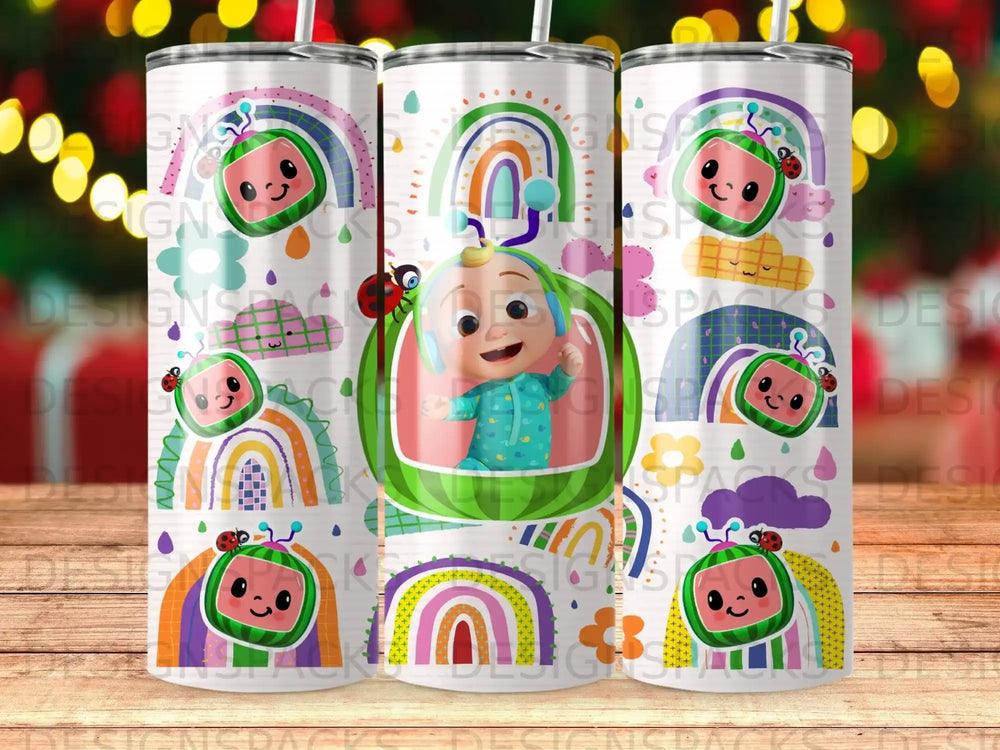 Cocomelon character with rainbows, ladybugs, and clouds on a white tumbler.