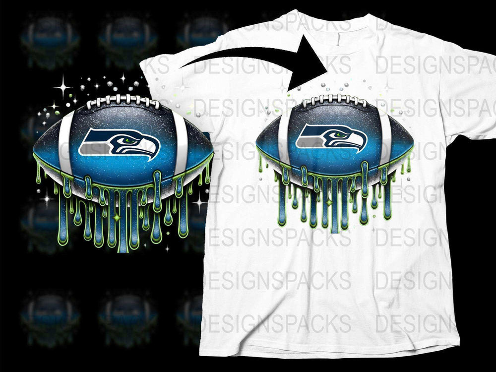 Seattle Football Team Themed T-Shirt, Dripping Paint Design, Blue Green Sports Fan Apparel
