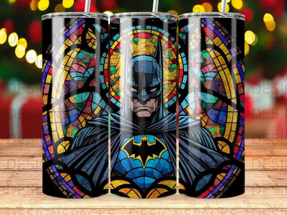 Batman stained glass art on a tumbler.