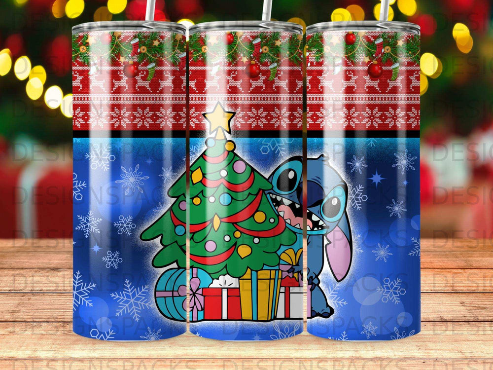 Stitch with Christmas tree and presents on blue snowflake background.