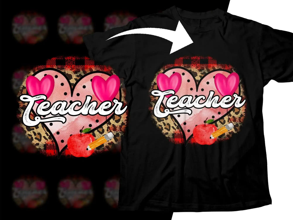 Teacher design with hearts, apple, pencil on black t-shirt, print-ready for DTG/DTF