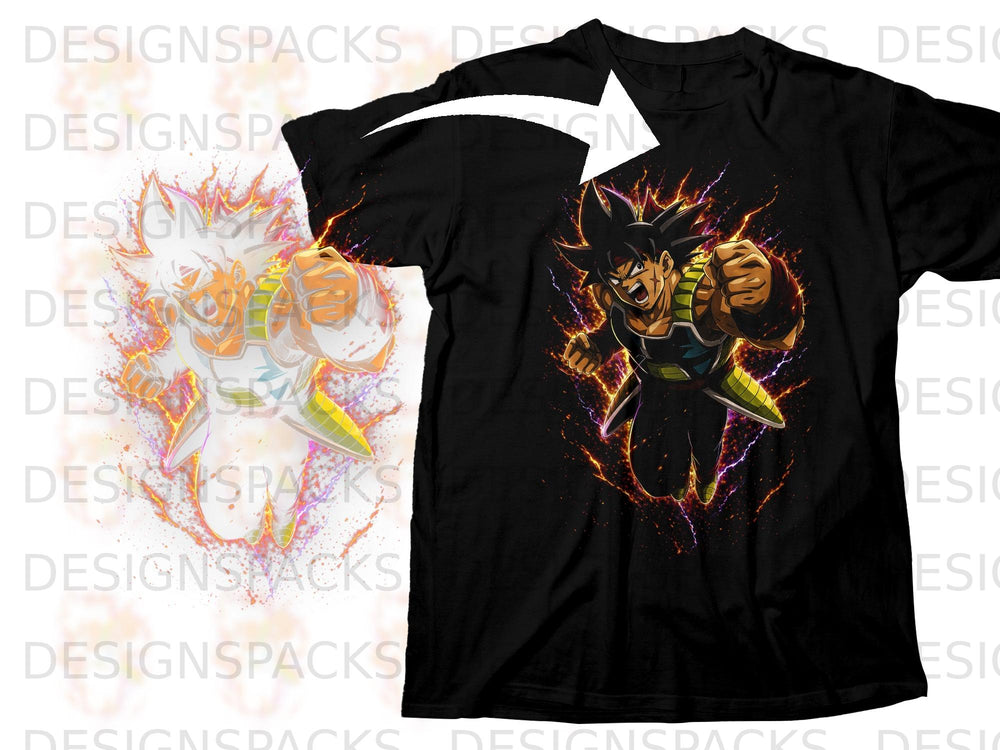 Black t-shirt with Bardock from Dragon Ball Z art, surrounded by energy effects.