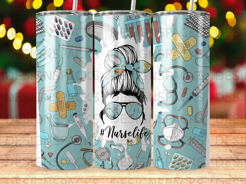 Tumbler with #Nurselife, medical icons, and a messy bun nurse graphic.