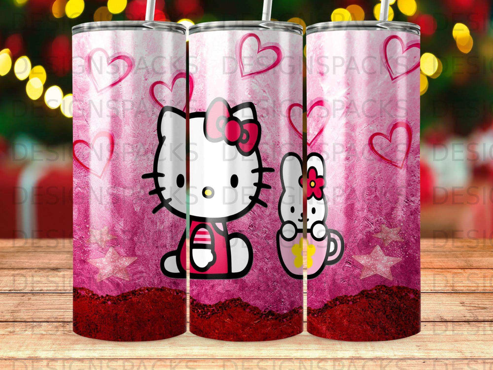Hello Kitty and friend in a pink cup, with glitter and stars.