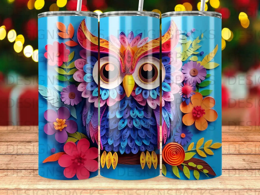 Quilled owl with colorful floral accents on a blue background.
