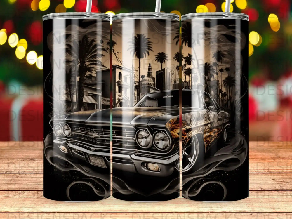 Vintage car with flames and palm trees, city skyline in background.