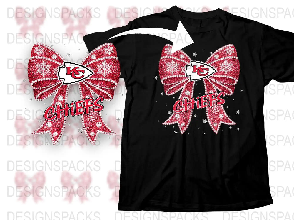Kansas City Chiefs Inspired Rhinestone Bow T-shirt, Sparkly Football Fan Apparel, Red and White Graphic Tee