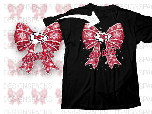 Kansas City Chiefs Inspired Rhinestone Bow T-shirt, Sparkly Football Fan Apparel, Red and White Graphic Tee