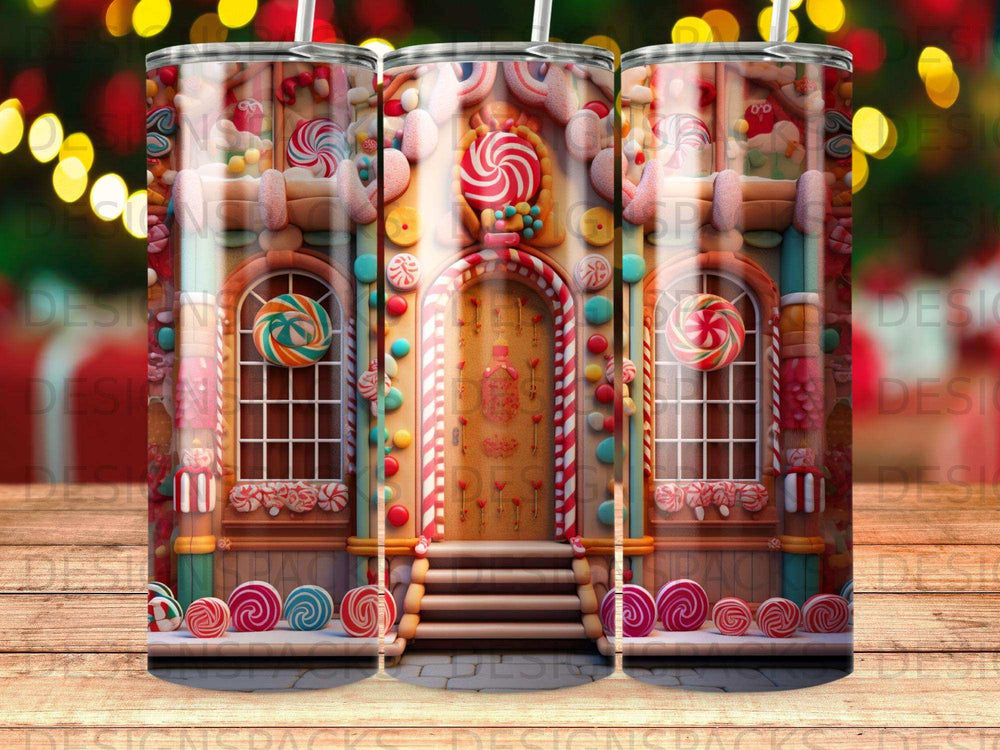 Gingerbread house with candy decorations and a bright, festive background.