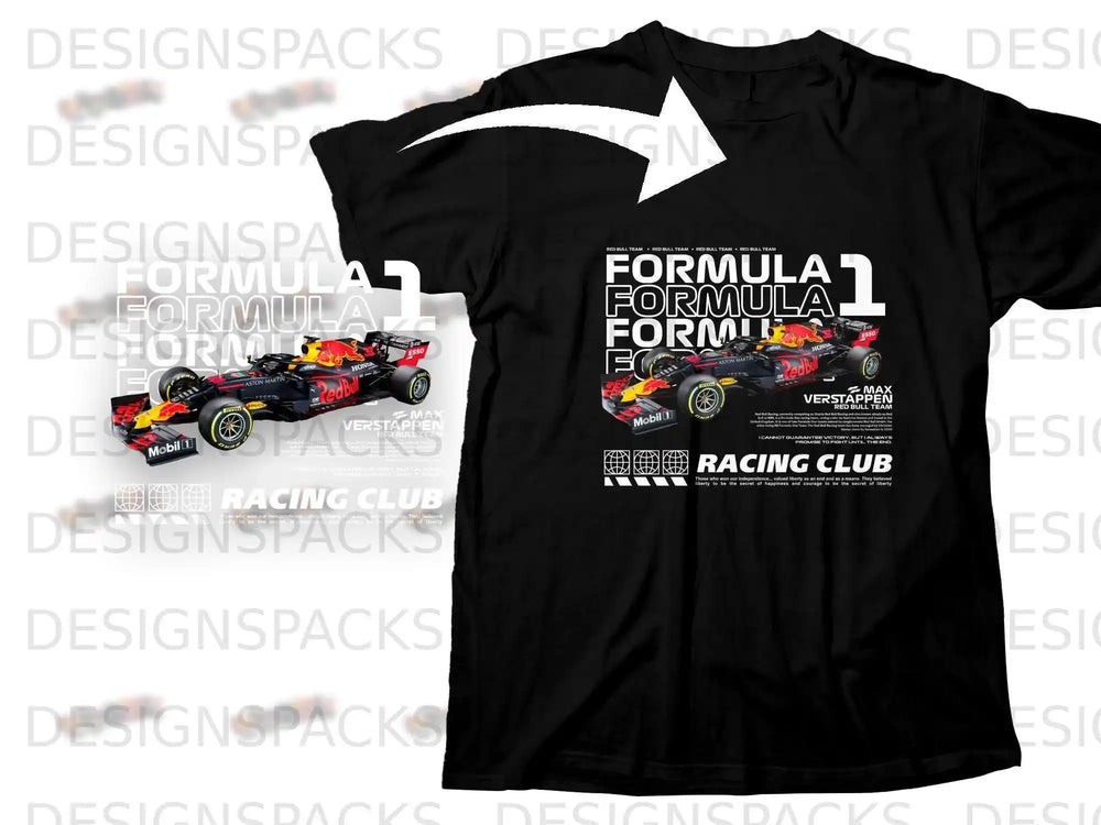 Black t-shirt with "Formula 1 Racing Club" and Max Verstappen Red Bull team graphics.