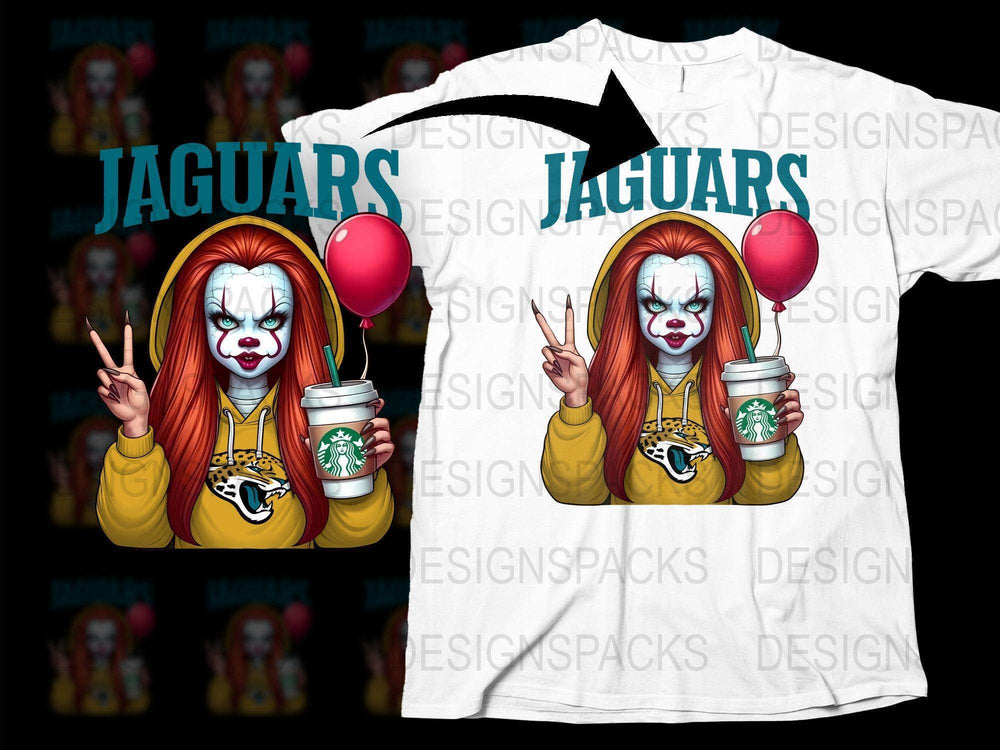 Clown Horror Character T-Shirt, Jaguars Fan Art, Unique Graphic Tee, Scary Clown with Balloon and Coffee Cup Design