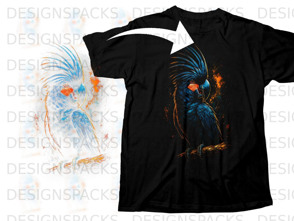 Black t-shirt featuring a vibrant, artistic depiction of a dark blue cockatoo.