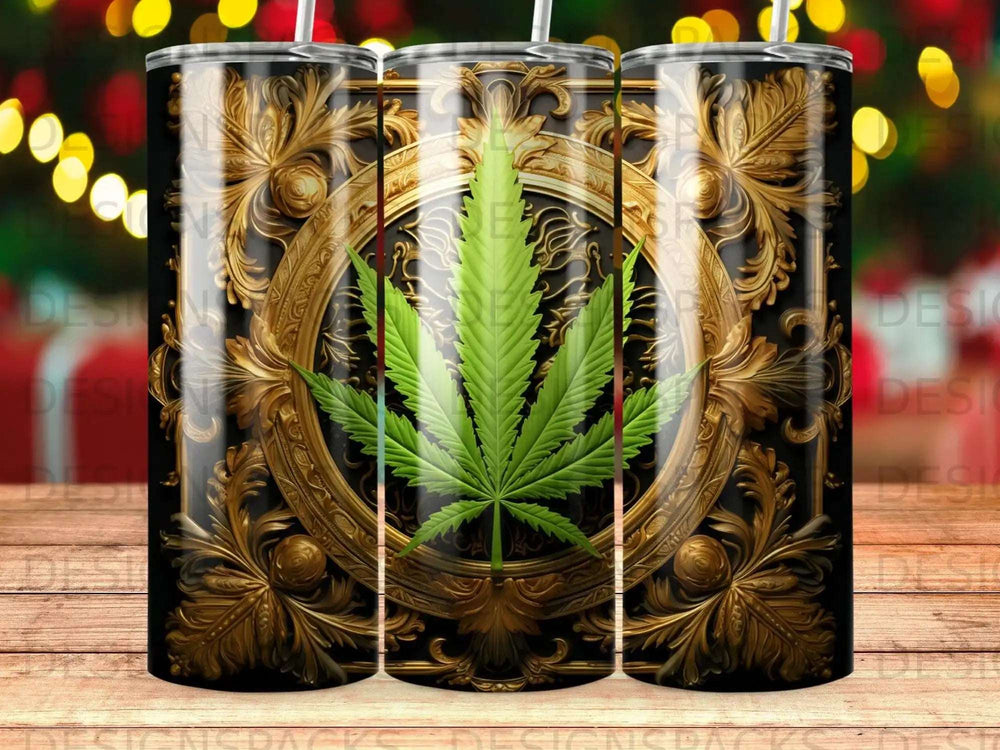Gold ornate frame with green marijuana leaf on black background.