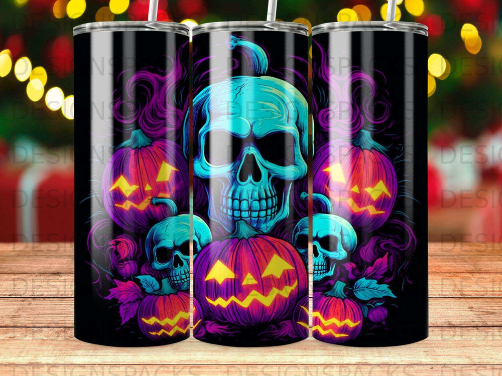 Glow-in-the-dark Halloween tumbler with skull and jack-o'-lantern design.