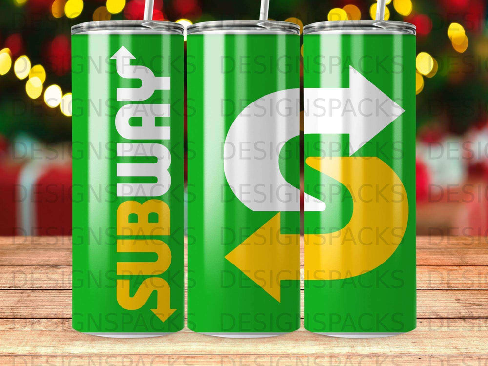 Green tumbler with Subway logo and arrows.