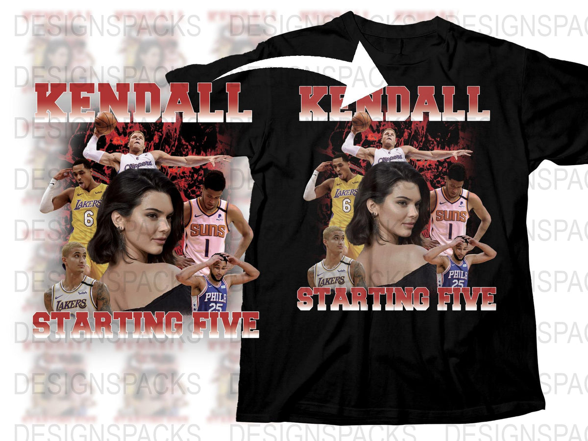 Kendall Jenner Starting Five Graphic T-Shirt, Basketball Theme Fashion Tee, Unisex Suns and Lakers Design