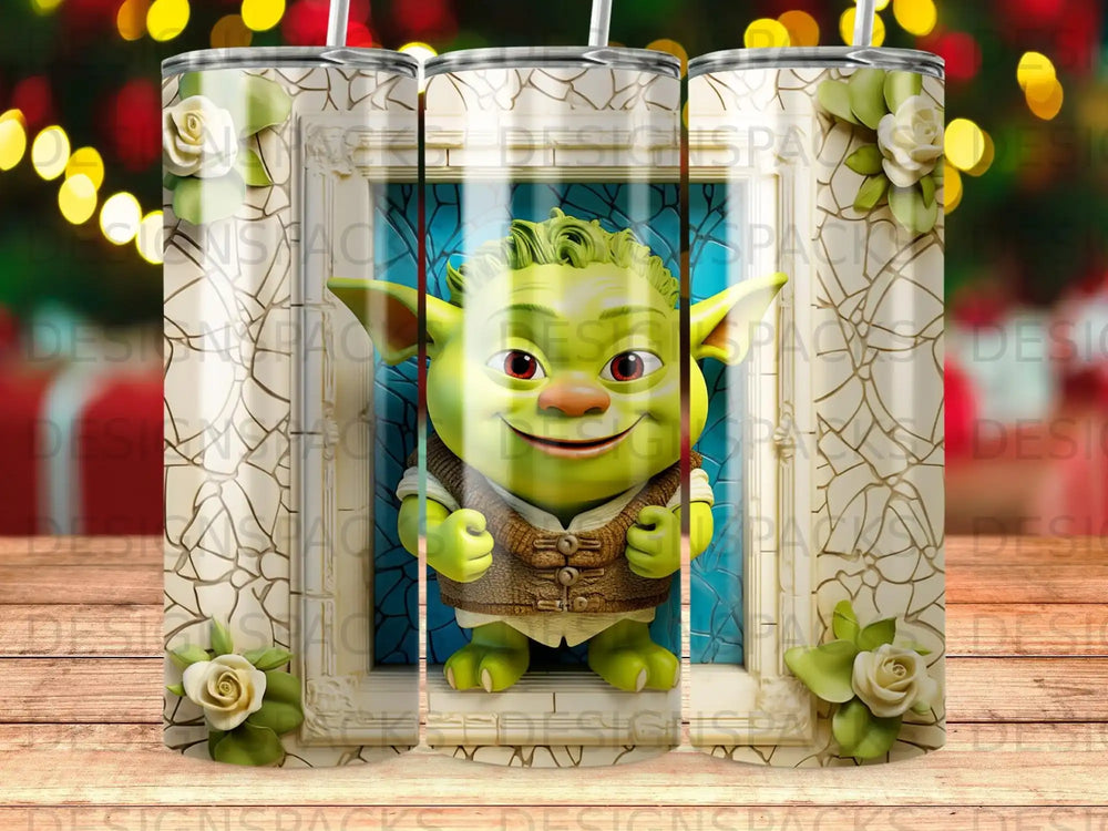 Yoda character in a decorative frame with roses, on a tumbler.