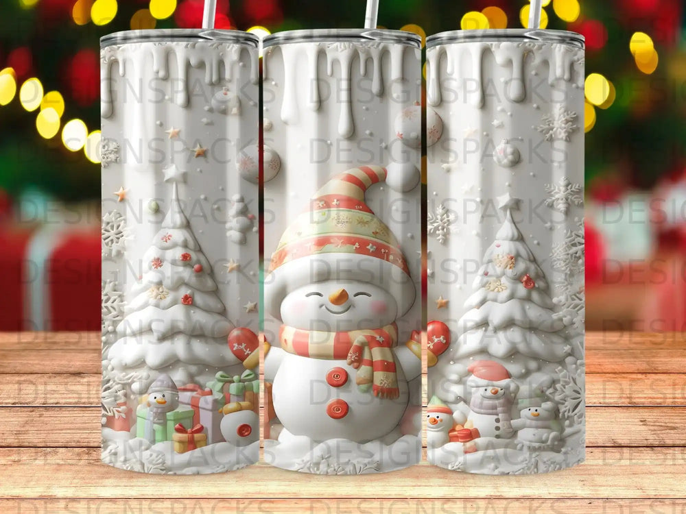 White snowman with presents and trees on a festive tumbler.