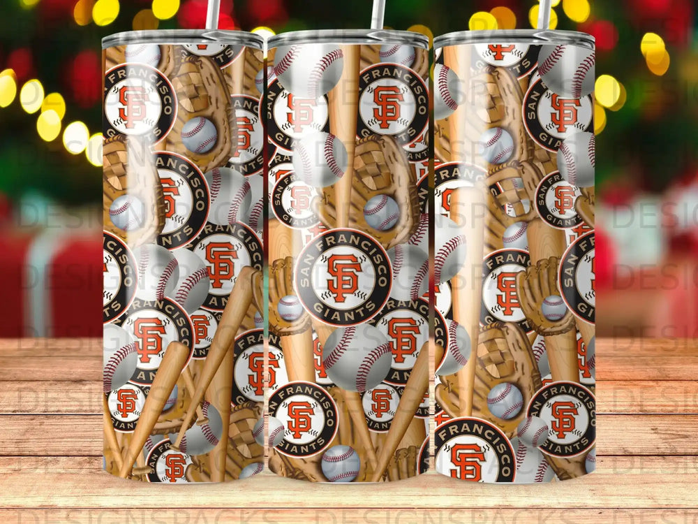 Three tumblers featuring the San Francisco Giants logo and baseball equipment.