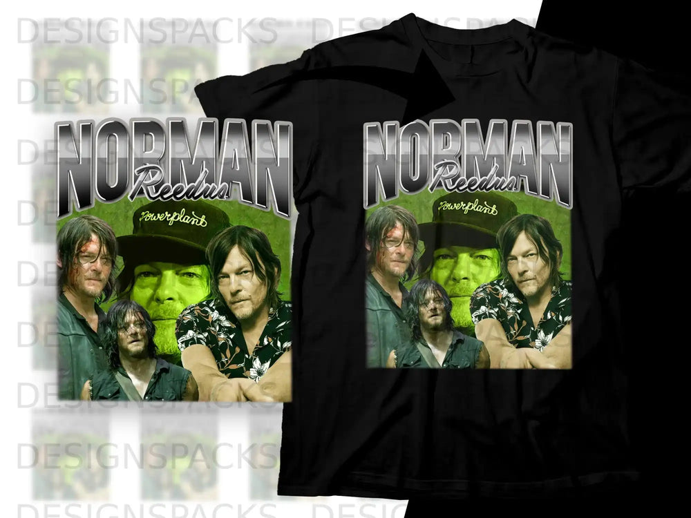 Norman Reedus Powerplant t-shirt design with close-ups of his face.
