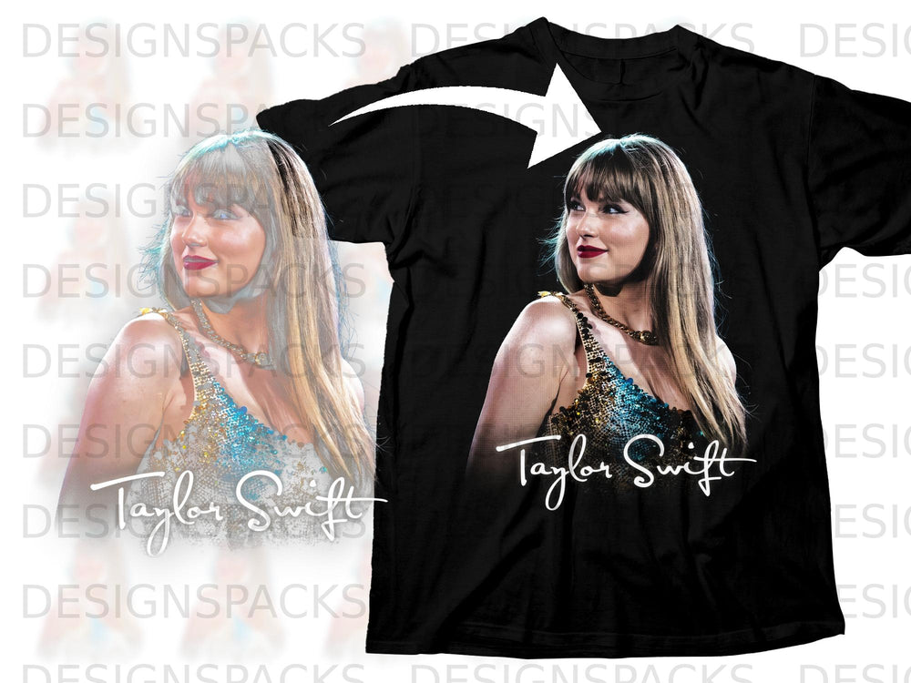 Black t-shirt with Taylor Swift's image and signature graphic.