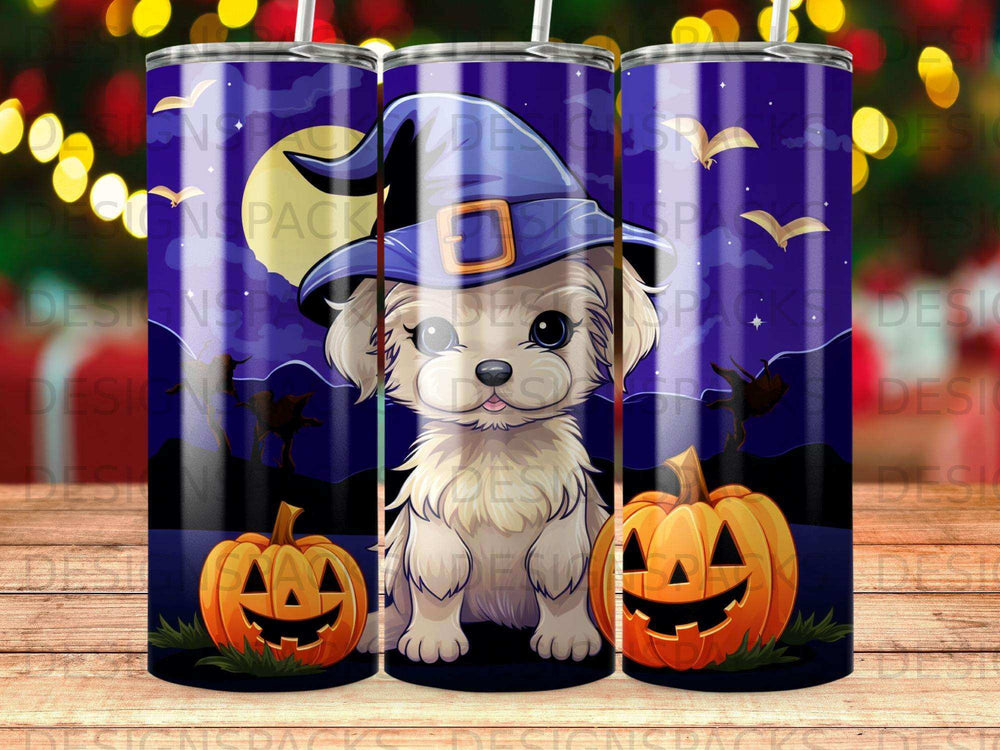Halloween puppy in witch hat with pumpkins under moon.