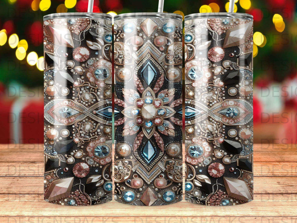 Glittering gemstone and jewelry pattern on a skinny tumbler with bokeh background.
