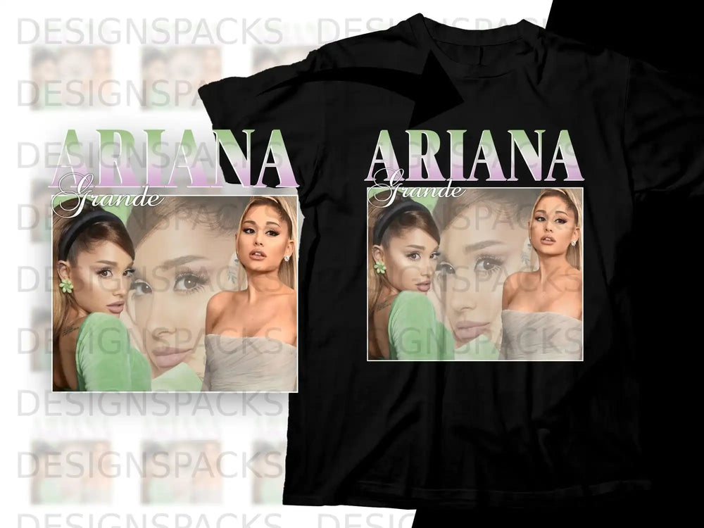 Ariana Grande album cover graphic on a black t-shirt.