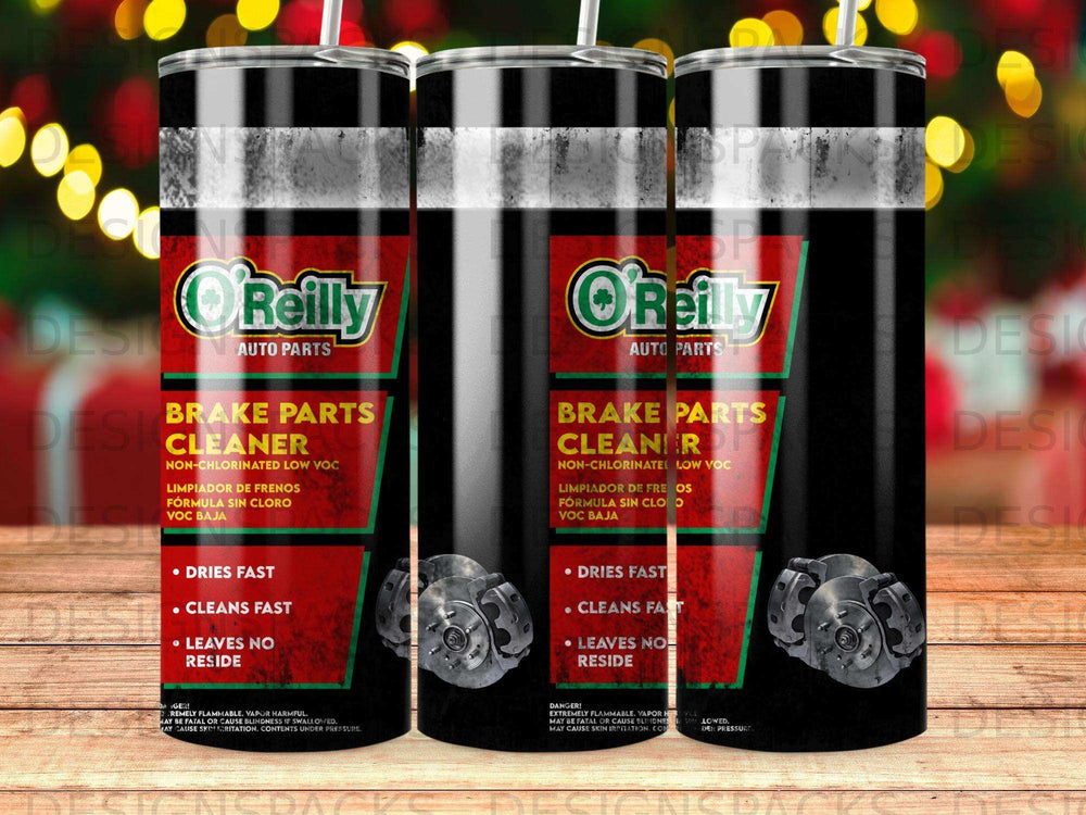 O'Reilly Brake Parts Cleaner can with text and warning labels.