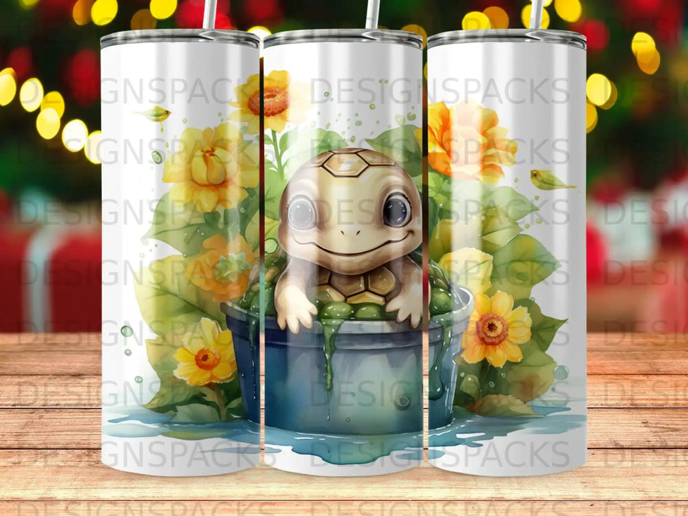 Turtle peeking from bucket surrounded by yellow flowers.