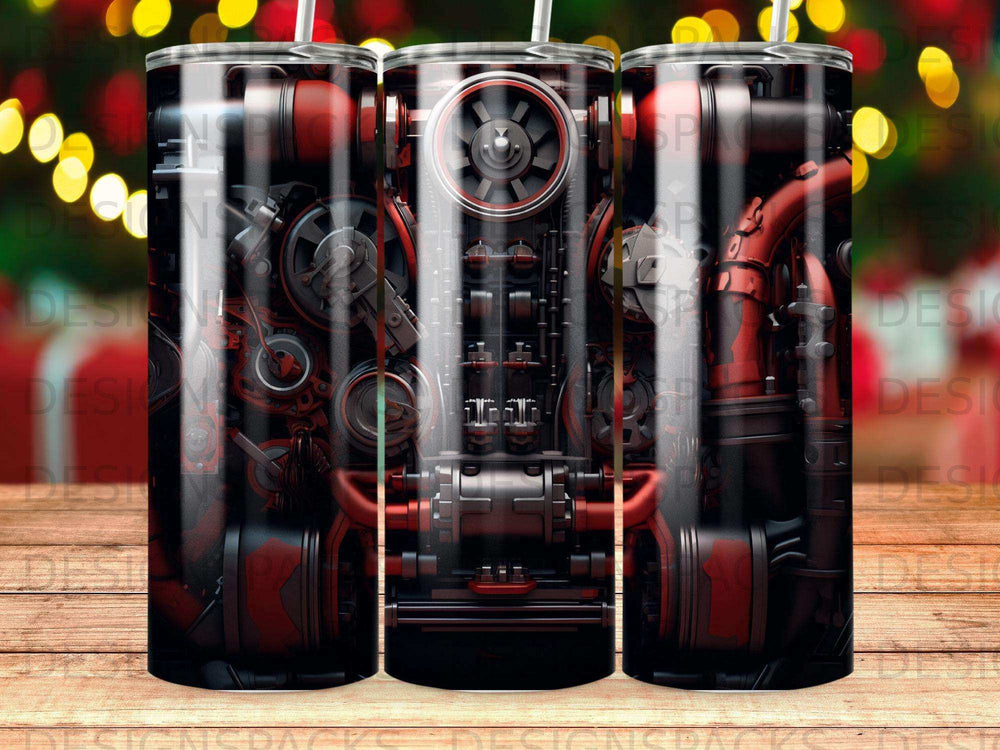 Detailed mechanical illustration with gears, pipes, and a dark red and black color scheme.