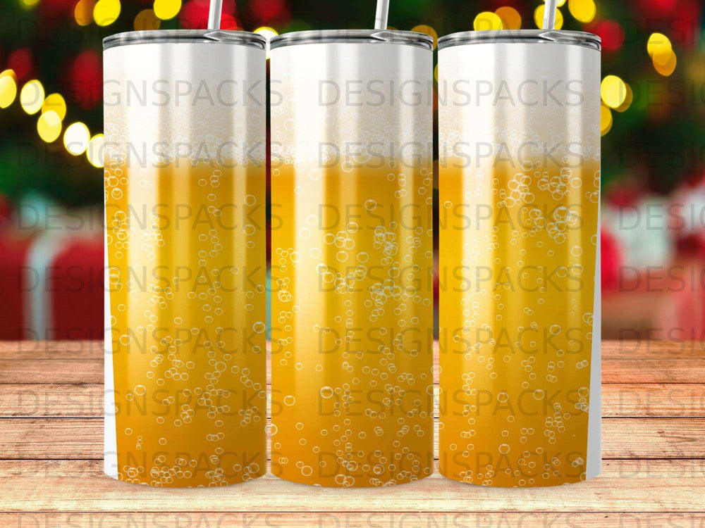 Three tumblers with a bubbly beer design and festive background.