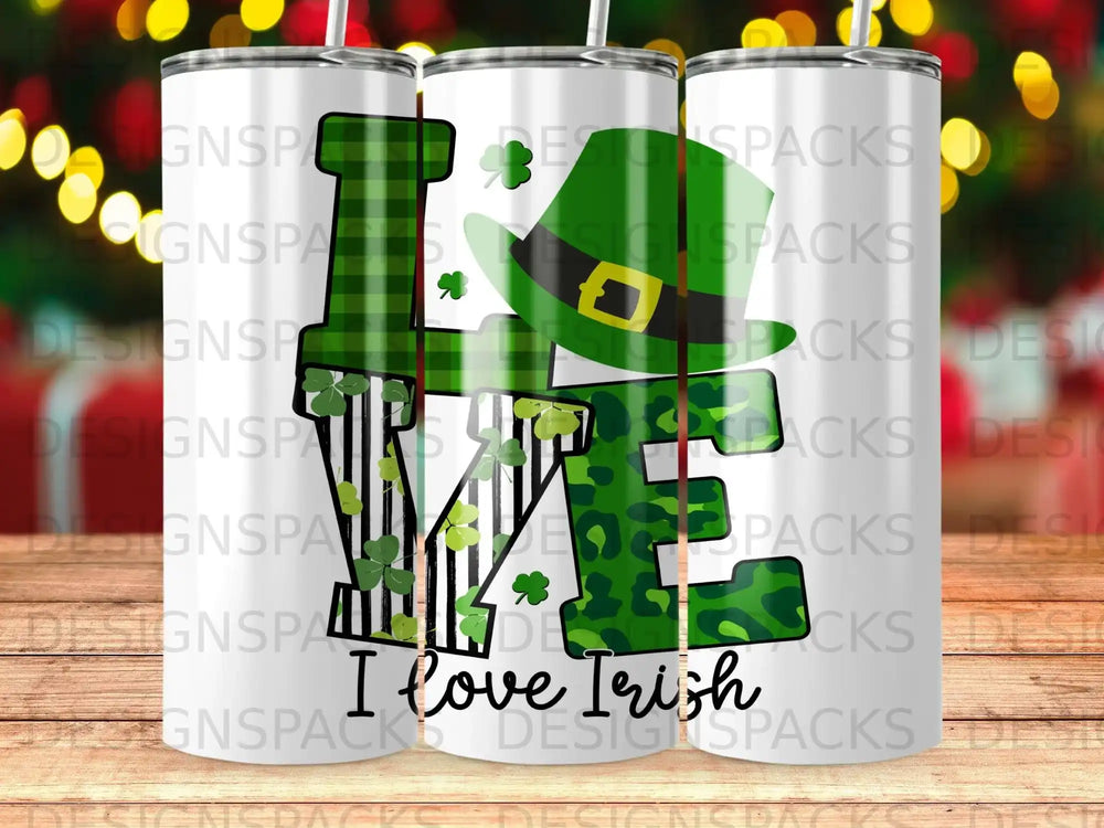 "I Love Irish" text on a shamrock-patterned tumbler with green leaves.