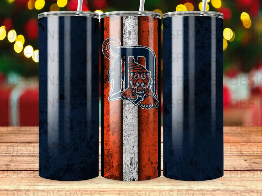Detroit Tigers logo on a weathered, orange and white striped tumbler.