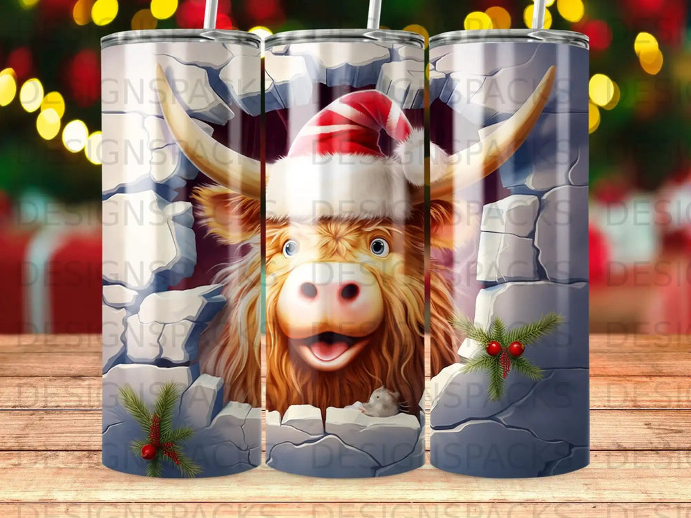 Highland cow in Santa hat peeking through cracked wall on festive tumbler.