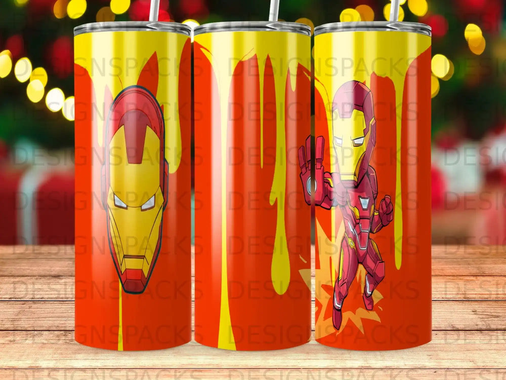Iron Man tumbler with red and yellow abstract background.