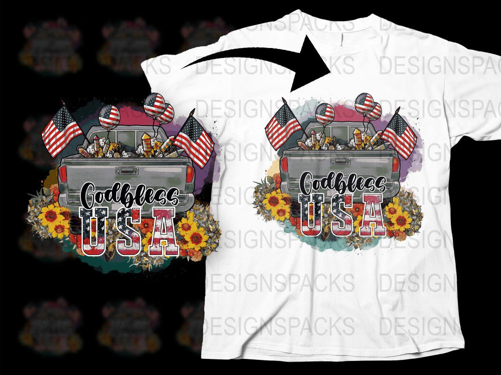 God Bless USA Patriotic T-Shirt, American Flag Sunflower Design, Independence Day Apparel, Unisex Fit