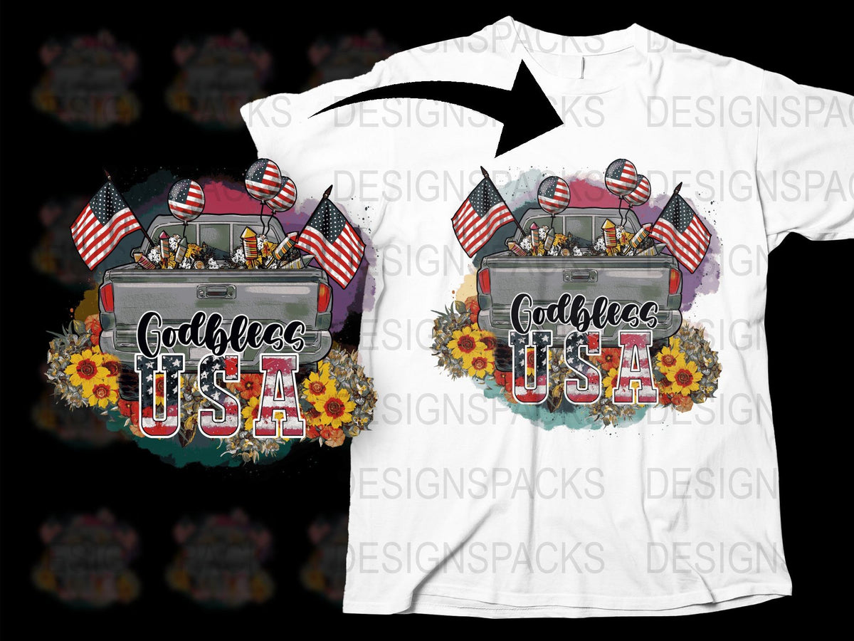 God Bless USA Patriotic T-Shirt, American Flag Sunflower Design, Independence Day Apparel, Unisex Fit