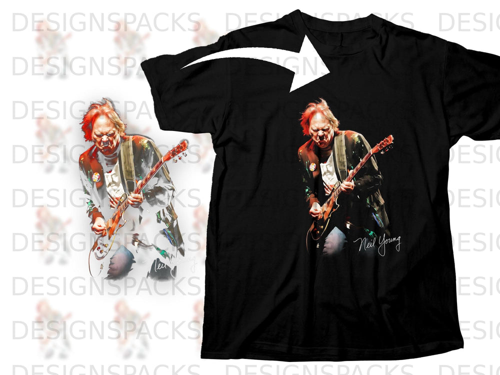 Black t-shirt with a graphic of Neil Young playing guitar, signed "Neil Young".