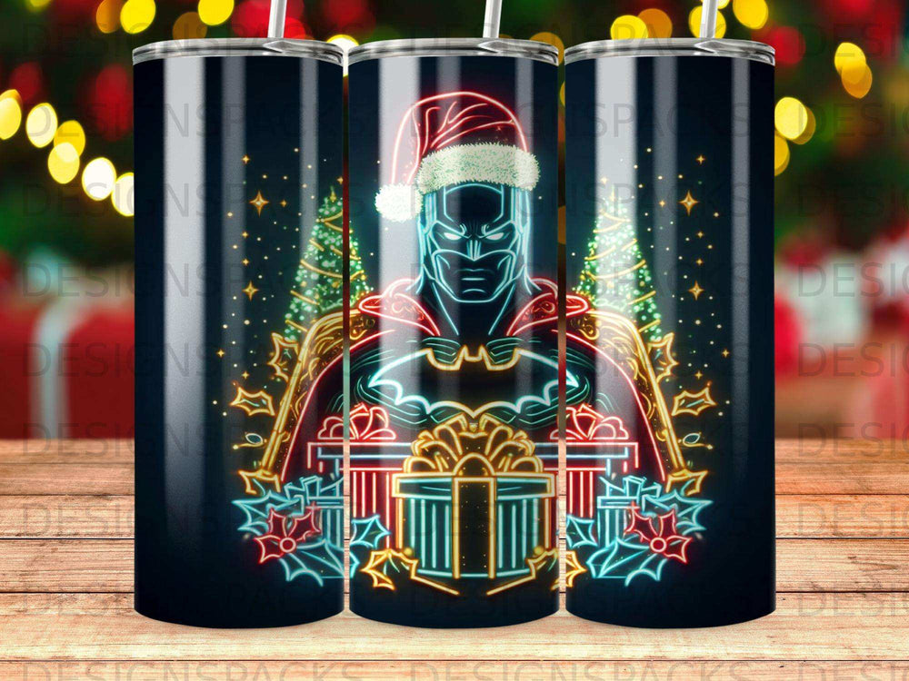 Batman in neon outline wearing a Santa hat, with Christmas lights and gifts.