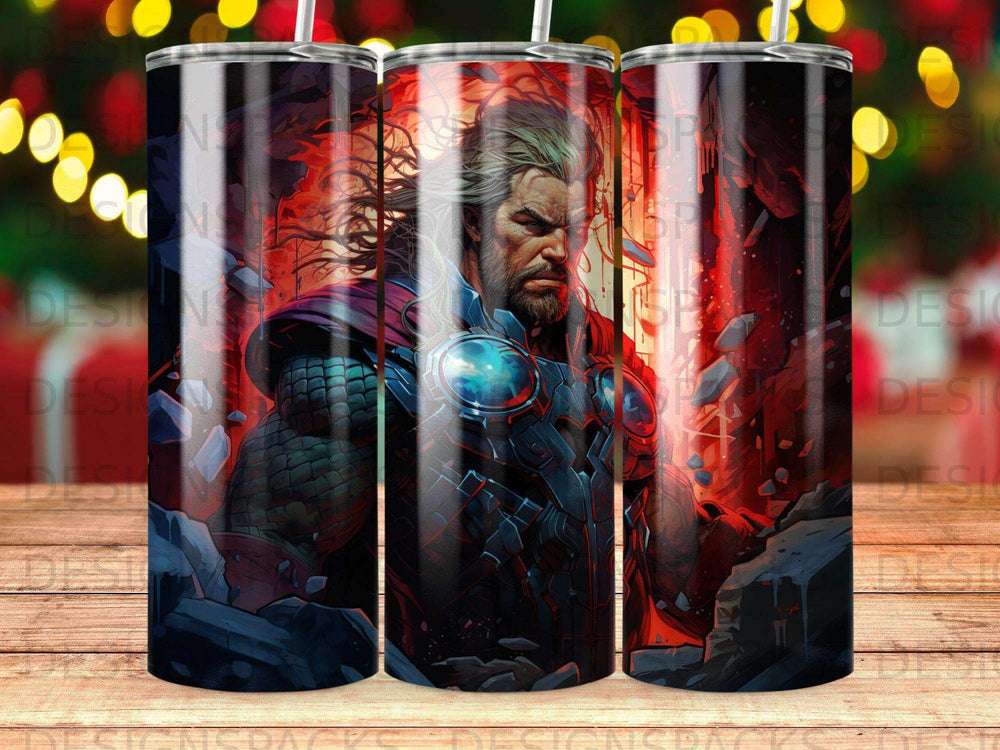 Thor, god of thunder, in battle pose against a fiery background.