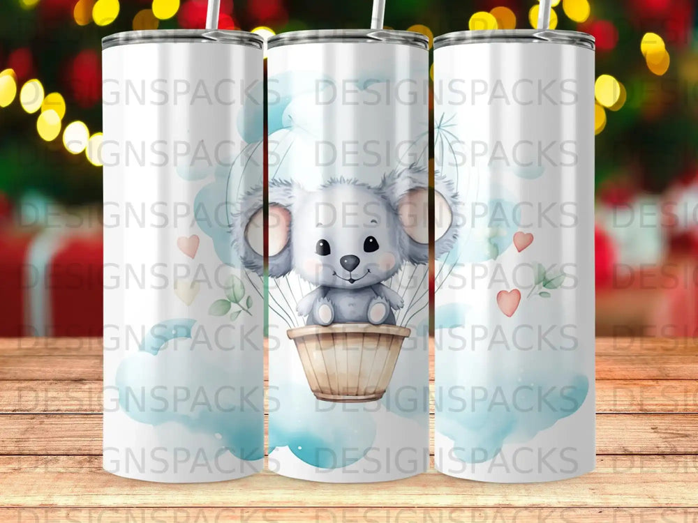 Cute bear in hot air balloon against blue sky with repeating logo watermark.