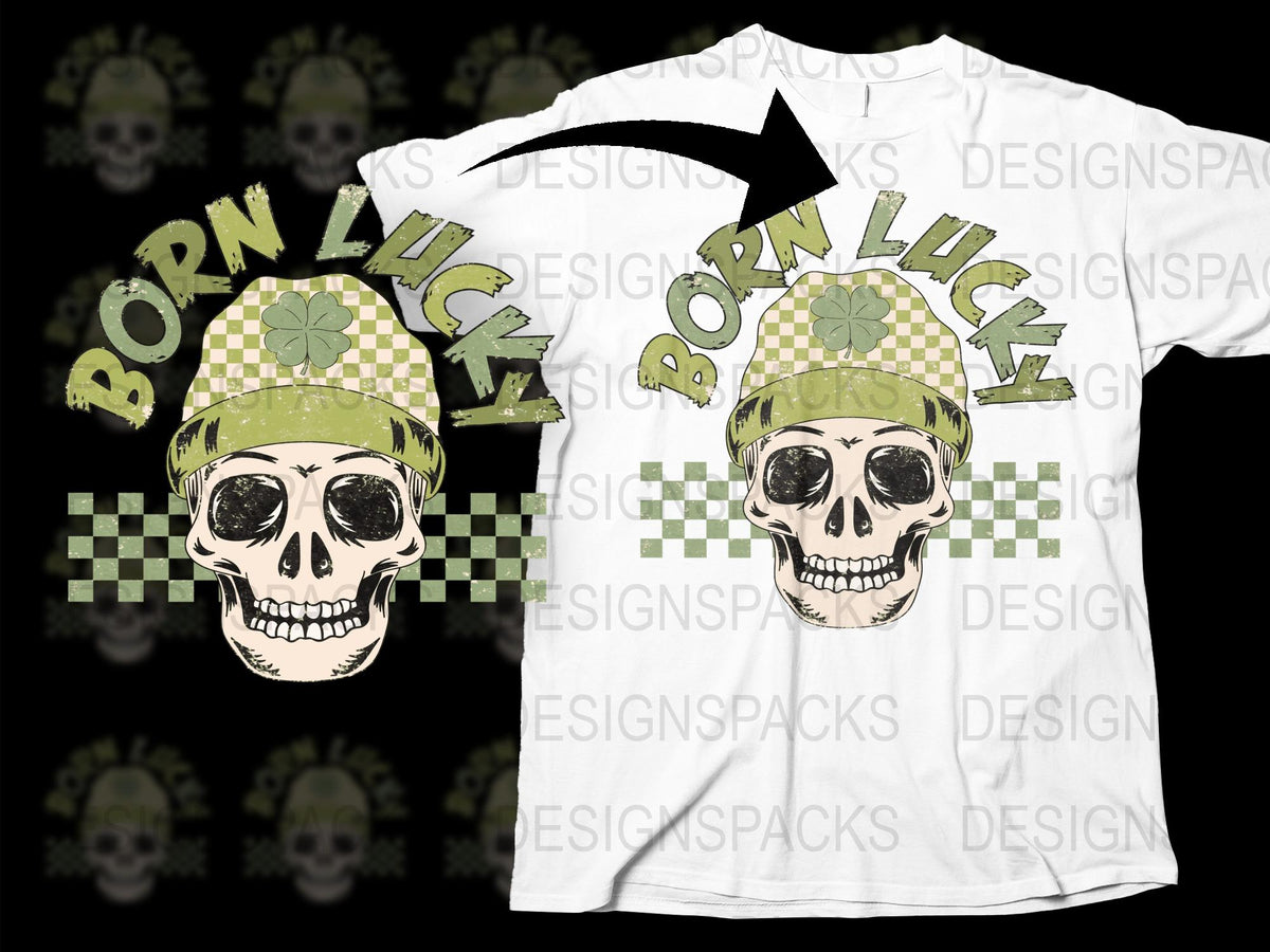 Born Lucky Skull Graphic T-Shirt, Checkerboard Pattern, Green Shamrock, Unisex Streetwear Tee, Urban Hipster Clothing