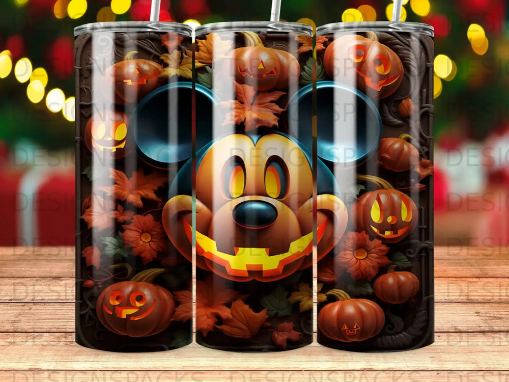 Mickey Mouse Halloween tumbler with pumpkins and falling leaves.