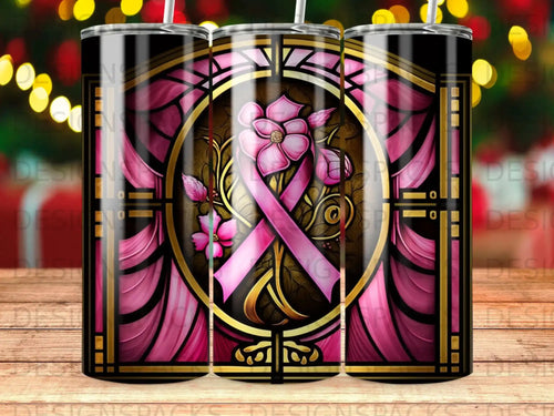 Pink ribbon with floral design on a black tumbler.
