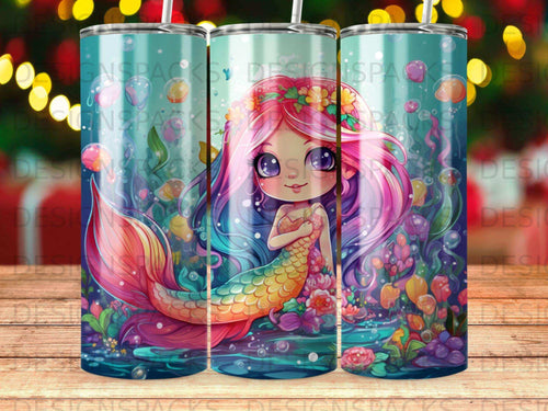Mermaid with flowing rainbow hair and tail in underwater scene.
