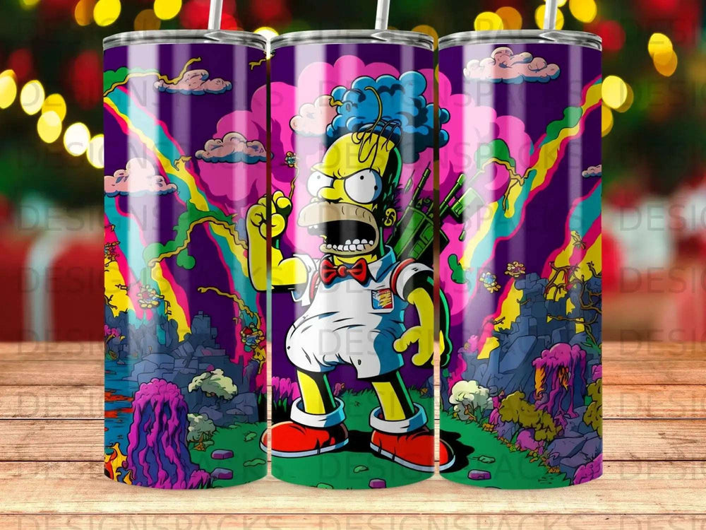 Homer Simpson in a pink and purple psychedelic landscape, holding a weapon.