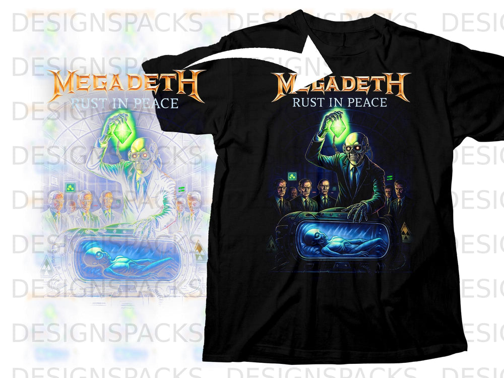 Black t-shirt with Megadeth Rust in Peace album art featuring a skeleton holding a glowing orb.