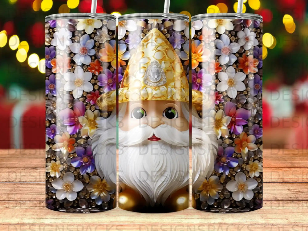 Tumbler with a gnome wearing a jeweled hat and floral patterns.